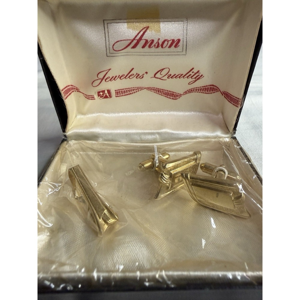 Men's ANSON Gold tone Cufflink & tie bar tiebar Clasp set In Box